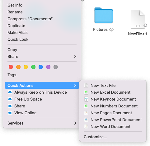 New File Menu quick actions